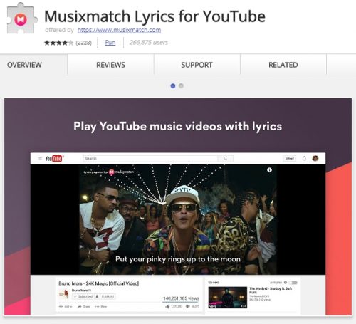 Automatically show lyrics for YouTube music videos.