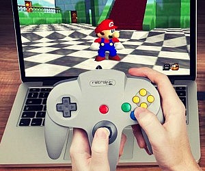 Playing Super Mario 64 on a laptop.