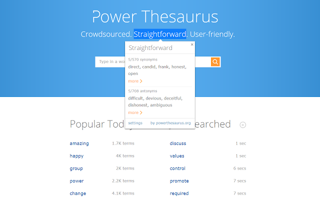 Power Thesaurus is a very good thesaurus app for Chrome.